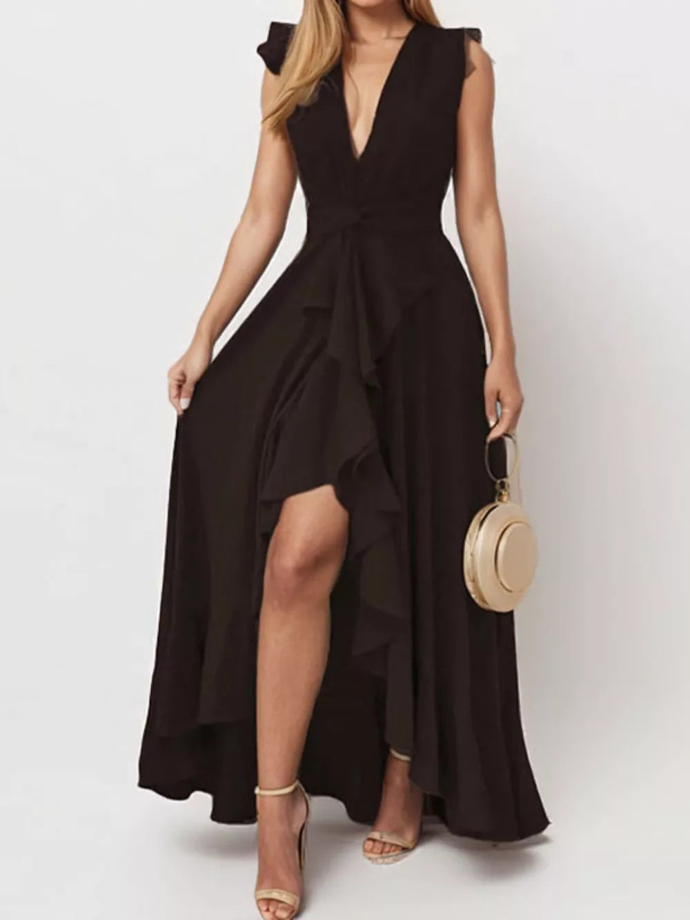 Black ruffled high-low maxi dress with V-neck and sleeveless design.