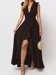 Black ruffled high-low maxi dress with V-neck and sleeveless design.