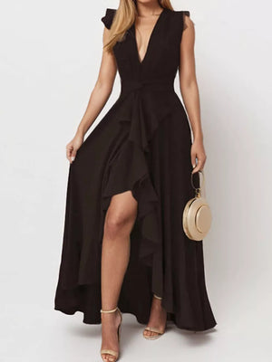 Black ruffled high-low maxi dress with V-neck and sleeveless design.