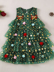 Green star print tulle dress with pom-poms and bows