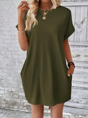 Army green relaxed tee dress with cuffed sleeves and pockets