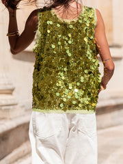 Light green sequin tank top with fringe detail and round neckline.