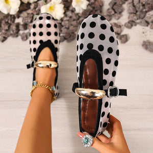 Chic polka dot mesh slip-on flats with gold buckle detail and ankle strap.