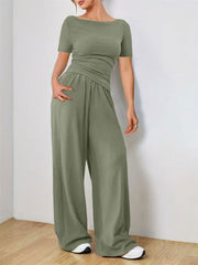 Sage boat neck jersey top and wide leg pants outfit set