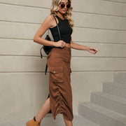Chestnut cargo denim midi skirt with adjustable ruching and side slit