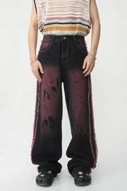 Distressed wide-leg jeans in mocha with frayed trim and tie-dye effect
