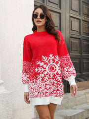 Red knit mini dress with white snowflake intarsia pattern and mock neck.