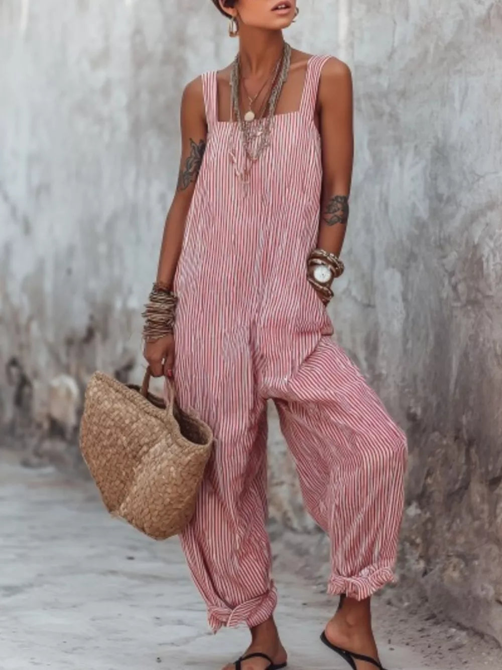 Full Size Striped Wide-leg Jumpsuit Plus Size, front view