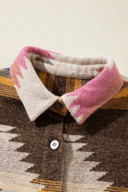 Southwestern print shirt jacket in beige with button closure and patterned collar.