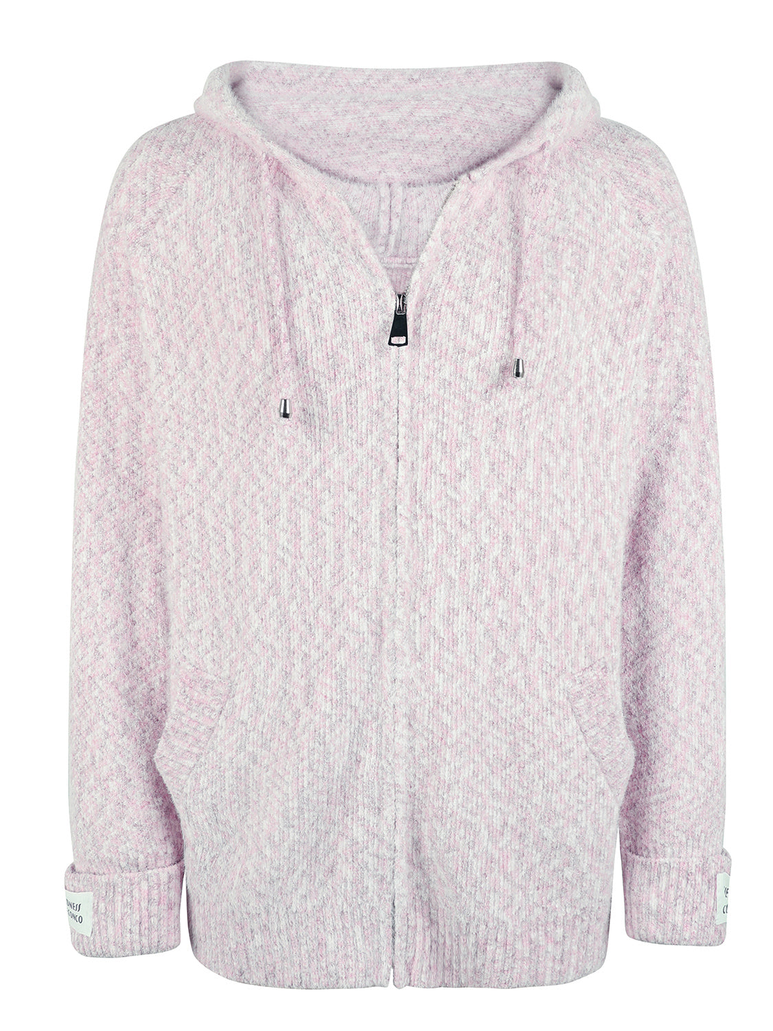 Dusty pink textured knit zip-up cardigan with hoodie and logo detail on cuff