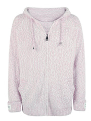 Dusty pink textured knit zip-up cardigan with hoodie and logo detail on cuff