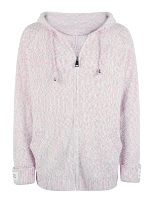 Dusty pink textured knit zip-up cardigan with hoodie and logo detail on cuff