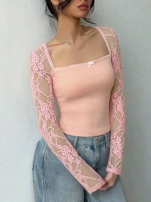 Peach lace sleeve square neck shirt with a small bow detail.