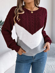 Chevron cable knit sweater in burgundy, white, and grey with a crew neck.