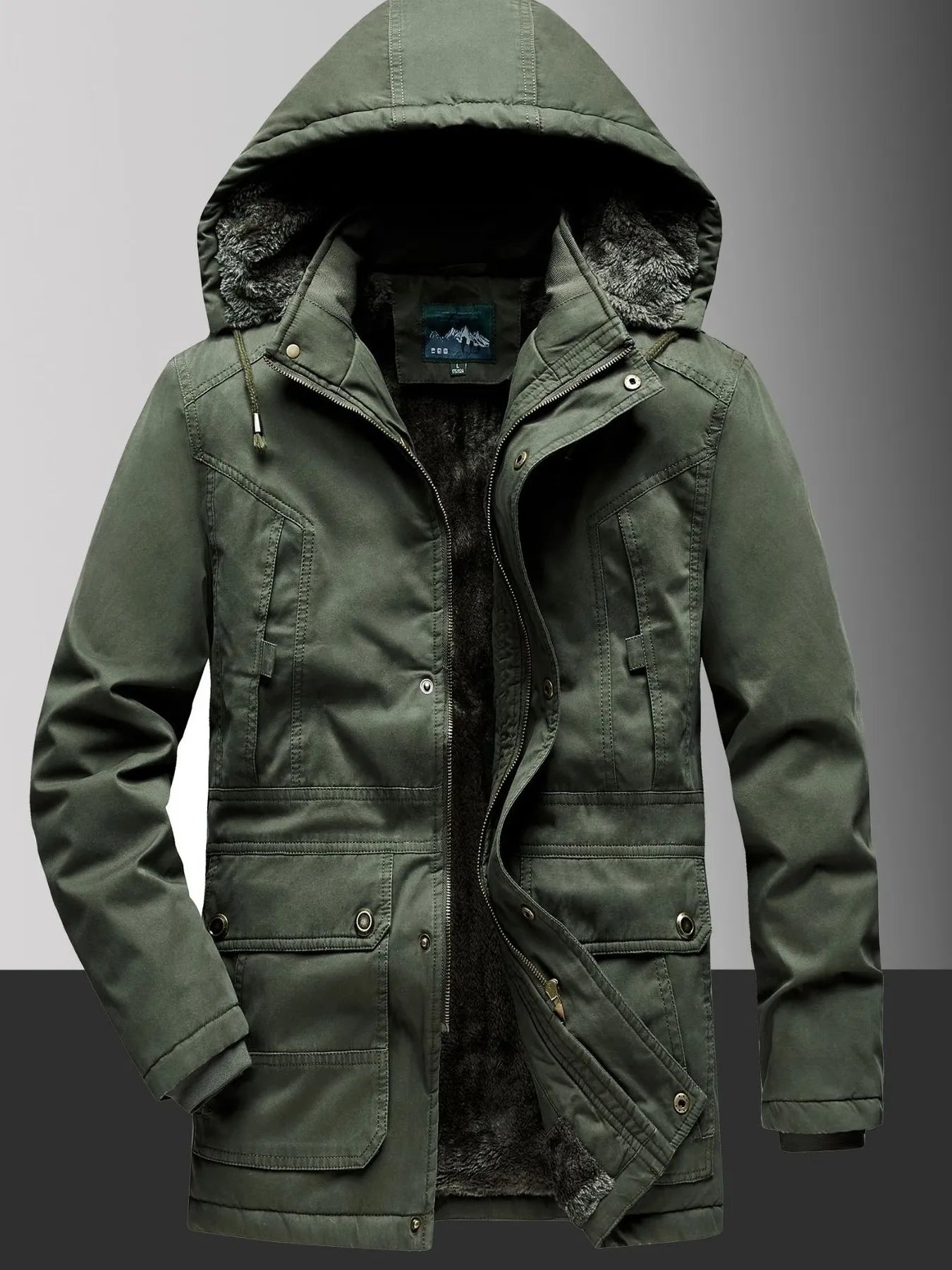 Men's military green fleece lined hooded coat with multiple pockets and fur trim.