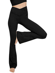 Black V-waist flare leg leggings with a high rise and bootcut hem.