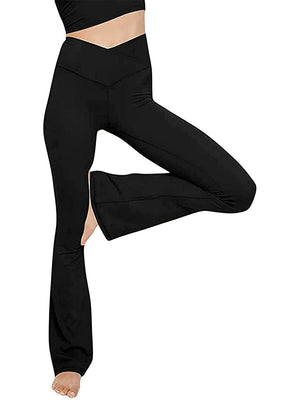 Black V-waist flare leg leggings with a high rise and bootcut hem.