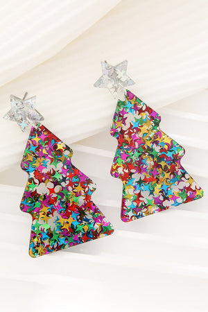 Multi star-studded acrylic Christmas tree drop earrings with clear star tops