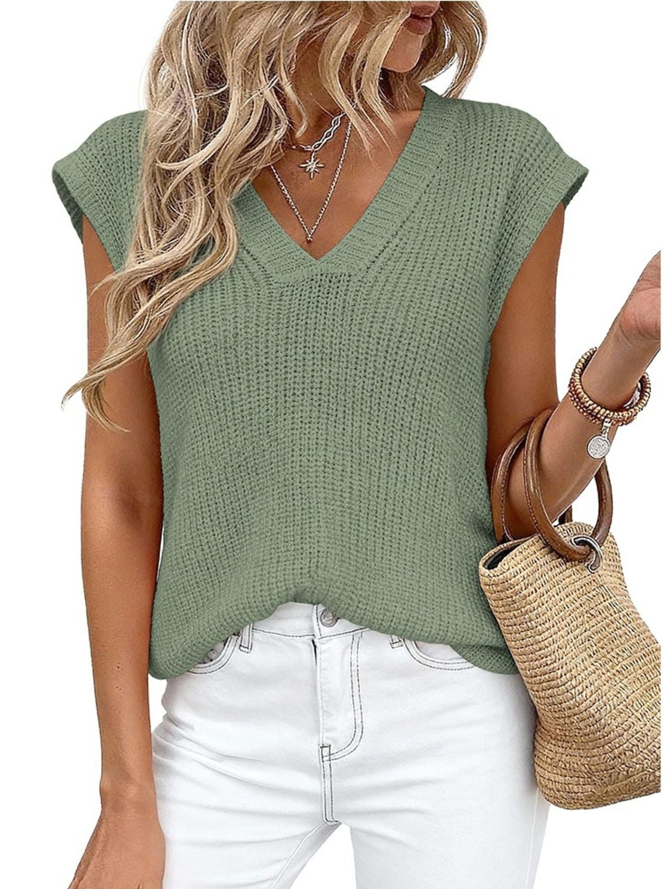 Sage green textured V-neck sweater vest with cap sleeves.
