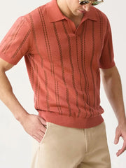 Orange-red knit polo shirt with vertical stripe pattern for big and tall guys.