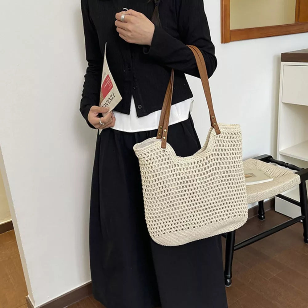 Crochet Knit Shoulder Bag in Cream White, side view