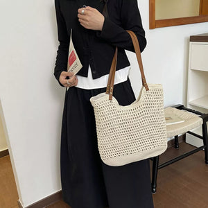Crochet Knit Shoulder Bag in Cream White, side view