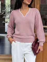 V-neck Openwork Long Sleeve Sweater, model styling view