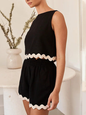 Black scallop trim outfit set with sleeveless crop top and elastic waist shorts