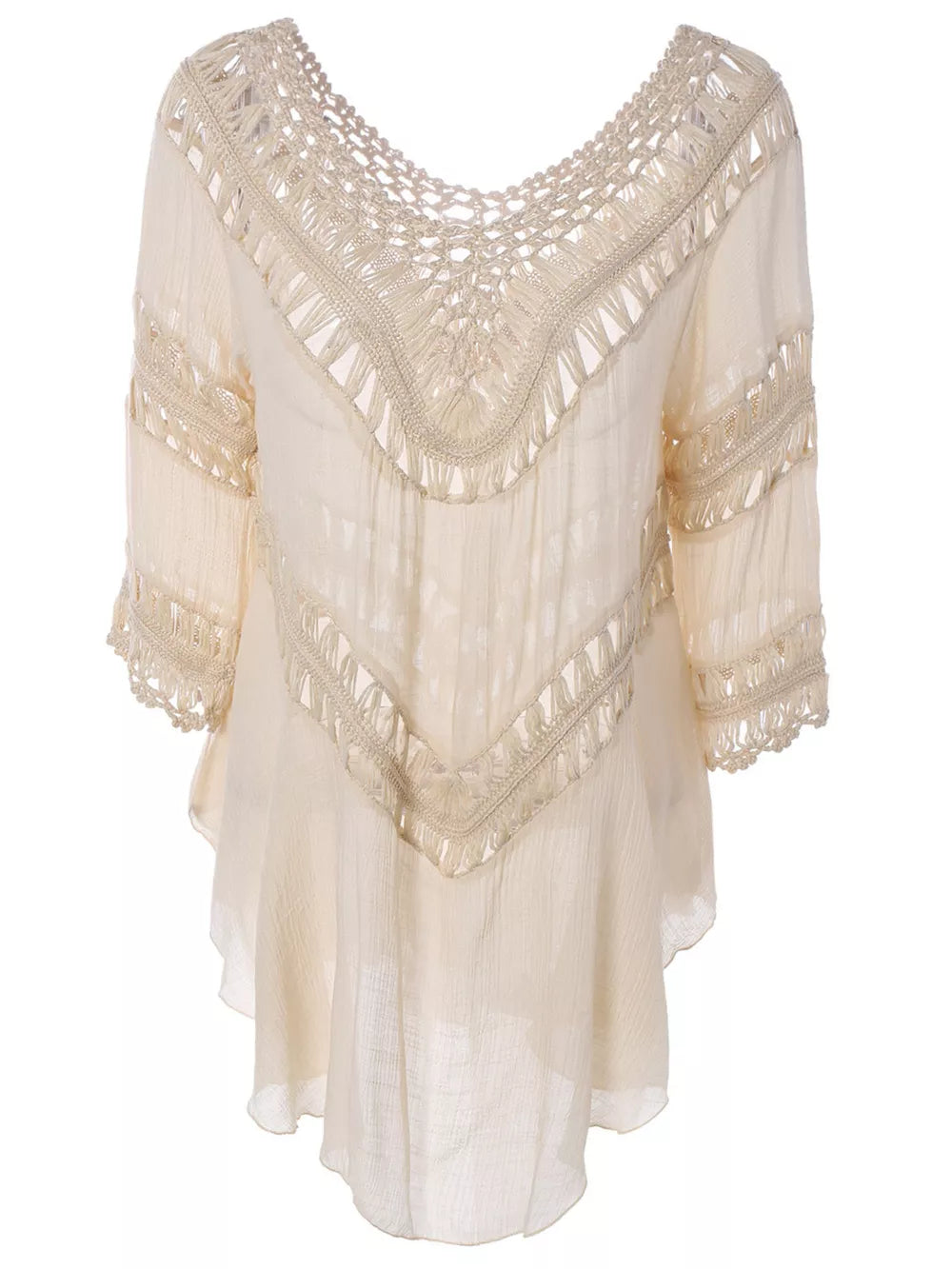 Apricot flowy cover-up with crochet trim and fringe details.