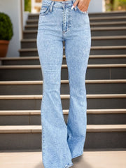 Acid wash light blue flare jeans with a buttoned fly