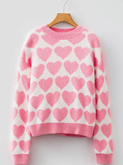 Charming Heart Pattern Knit Sweater in blush pink and white acrylic with crew neck.