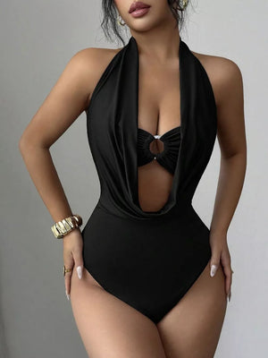 Black halter neck cutout ruched bodysuit with a ring detail and draped neckline.