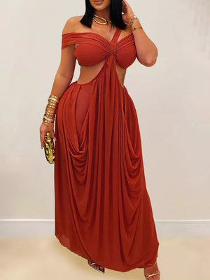 Cutout Off Shoulder Ruched Maxi Dress in Dark Gray, alternate angle
