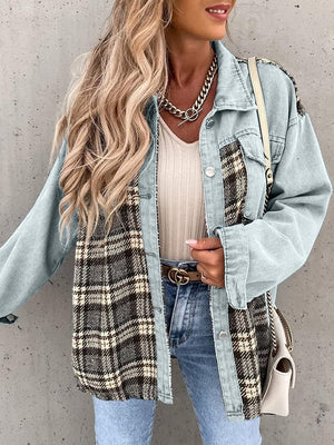 Light blue denim jacket with brown plaid panels, button front, and collared neckline.