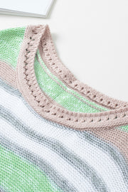 Open-shoulder knit pullover with stripes in gum leaf, featuring a boatneck and decorative trim.