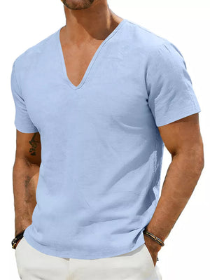Men's light blue V-neck linen tee with short sleeves, relaxed fit.