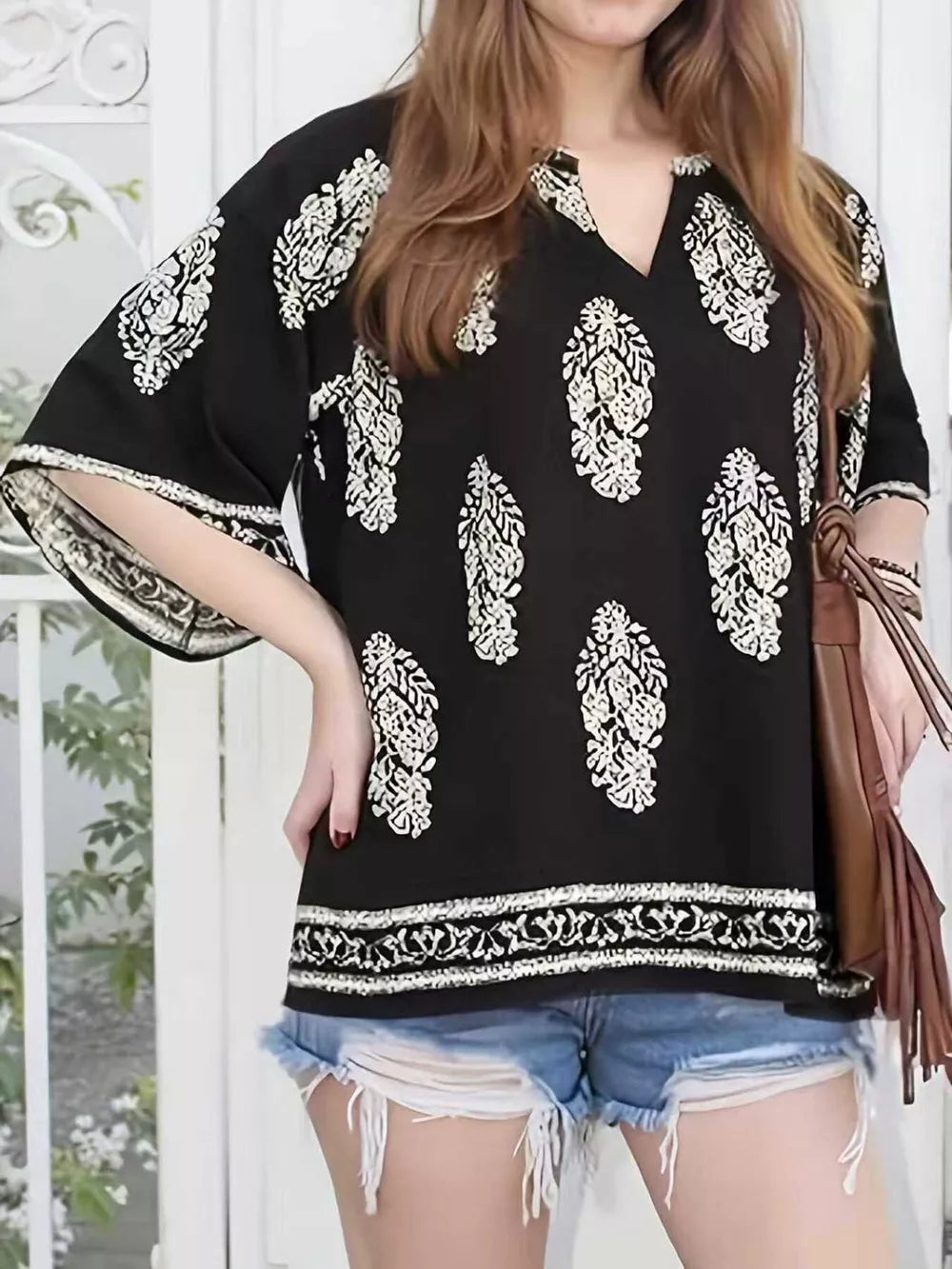 Printed Notched 3/4 Sleeve Blouse in Red, side view