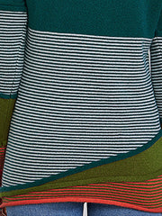 Colorblock henley stripe knit shirt with horizontal stripes and asymmetrical color paneling.