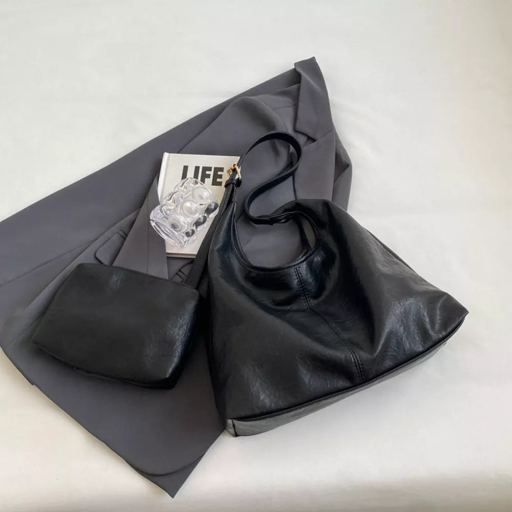 Adjustable Strap Shoulder Bag in Black, fabric detail