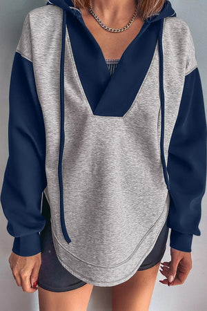 Color Block V Neck Drawstring Hoodie in Gray, side view