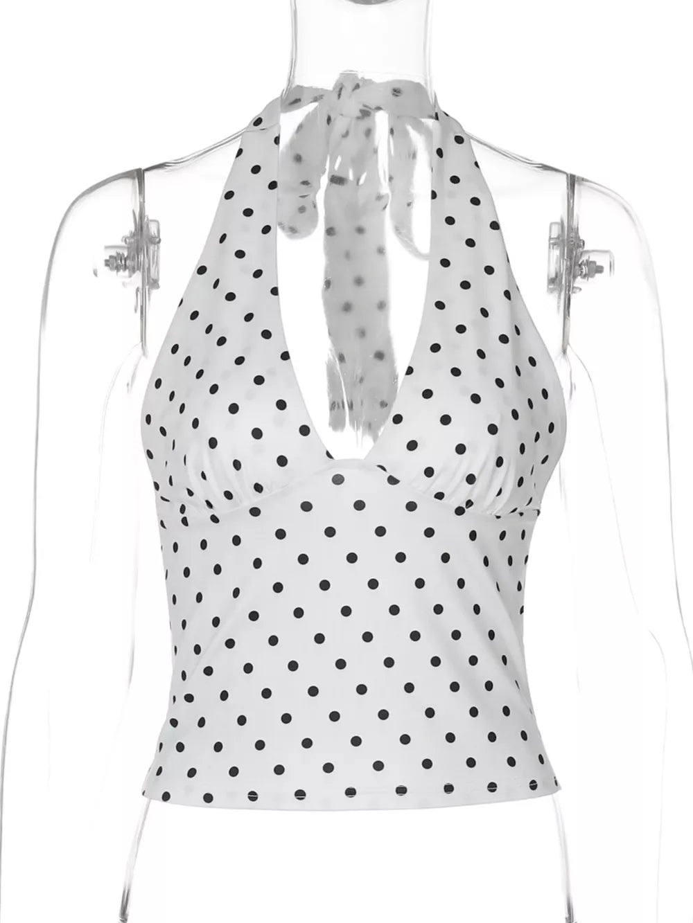 White polka dot halter cami with tie neck, polyester fabric