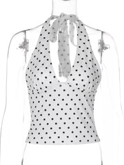 White polka dot halter cami with tie neck, polyester fabric