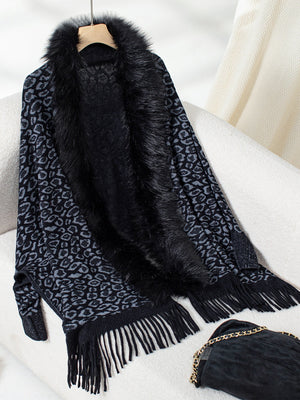 Black leopard print acrylic cardigan with faux fur trim and fringe detail