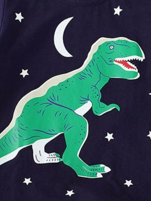 Navy cotton crew neck t-shirt with a green dinosaur, moon, and stars graphic.