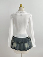 V-neck Lace Trim Ribbed Knit T-shirt, fabric detail
