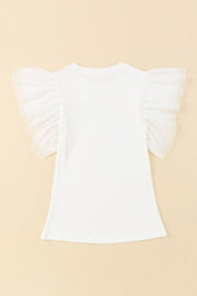 White ribbed knit blouse with sheer tulle ruffle sleeves.
