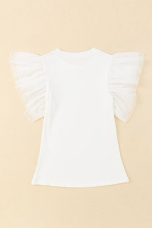 White ribbed knit blouse with sheer tulle ruffle sleeves.