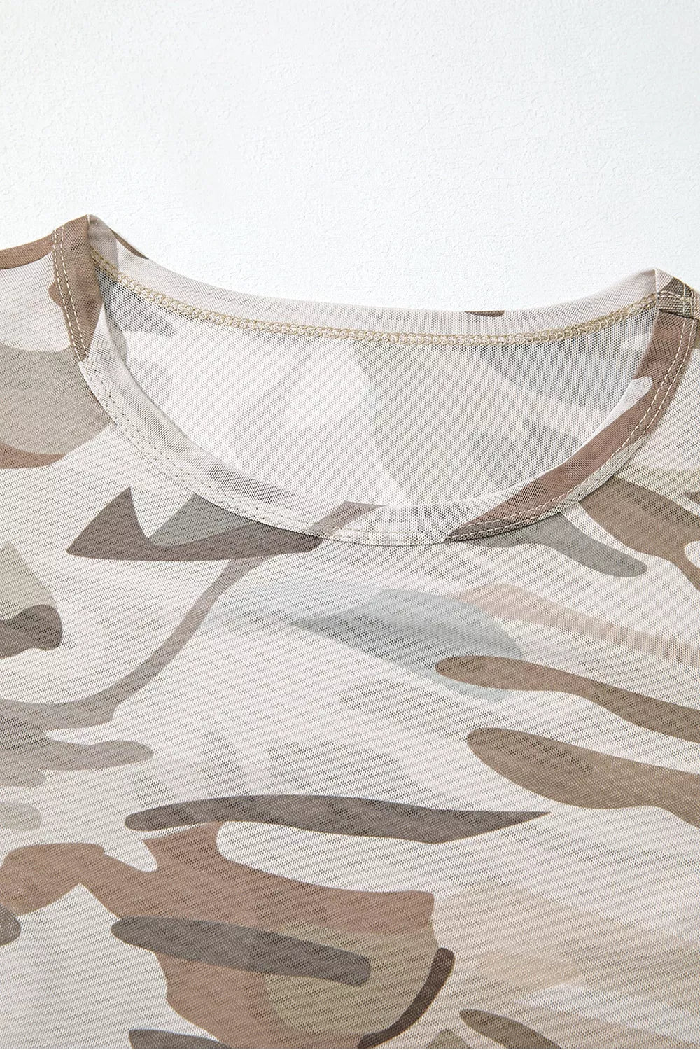 Western Camo Print Mesh Long Sleeve Top in Green Camouflage, fabric detail