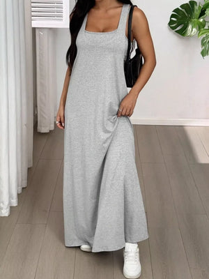 Scoop neck maxi dress in dark gray, sleeveless, relaxed fit, casual style.