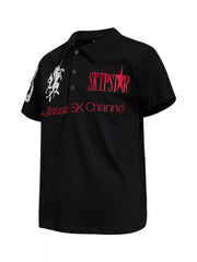 Black cotton polo shirt with embroidered unicorn and red text details.